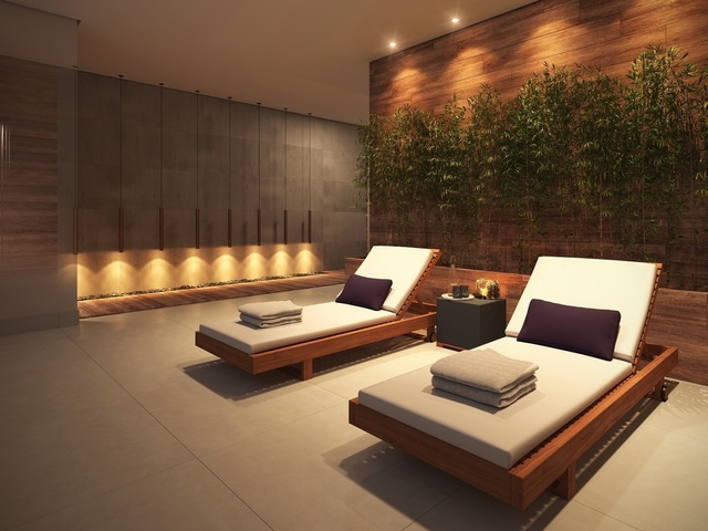 Espaço relax com sauna úmida (perspectiva 3D)
